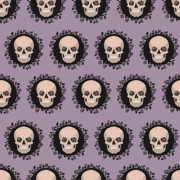 Seamless pattern with skulls and black roses. Print on fabric and wrapping paper.