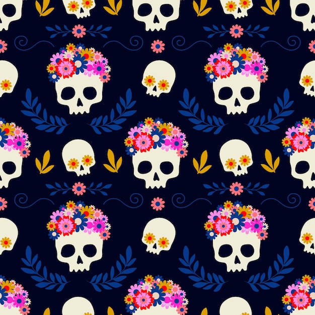 Seamless pattern with skulls in floral wreath on dark blue background Vector illustration for for D