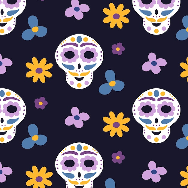 Seamless pattern with skulls and flowers Pattren for the day of the dead Vector illustration