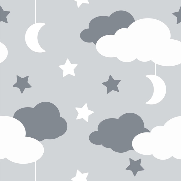 Seamless pattern with sky elements in line art style, grey night. Hand-drawn seamless pattern with cute clouds, stars on a gray background - vector