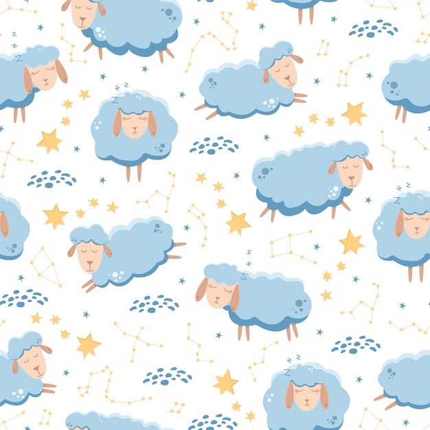 Seamless pattern with sleeping sheep flying across the starry sky.