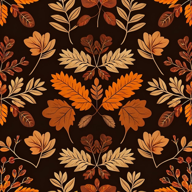 Seamless pattern with small autumnal oak leaves acorns and flowers on a brown background