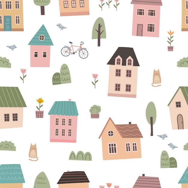 Seamless pattern with Small cute houses trees cats cafe bike vector illustration