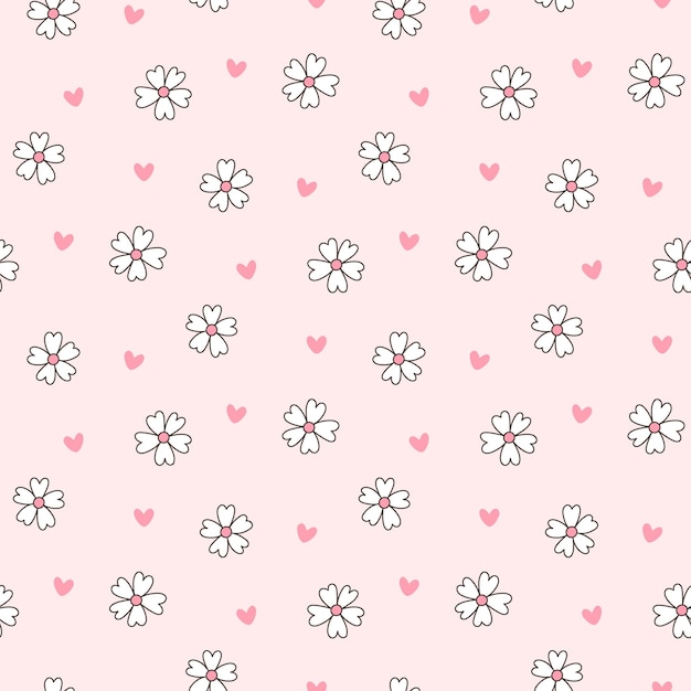 Seamless pattern with small flowers and pink hearts