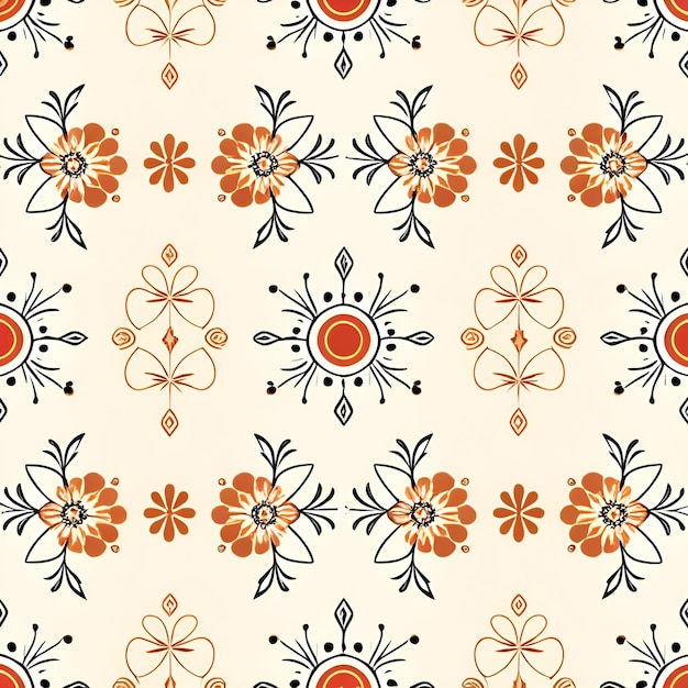 Seamless pattern with small geometric shapes and minimalist flowers on a cream background