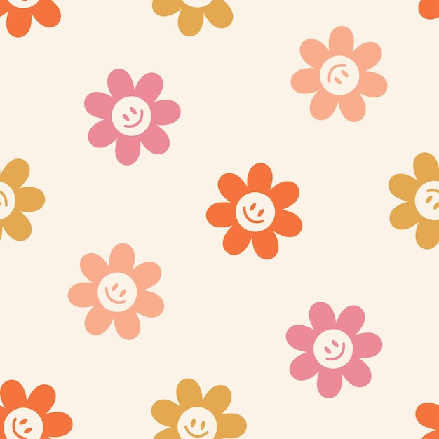 Seamless pattern with smiling daisies Colorful flowers print for fabric clothes toys or home deco