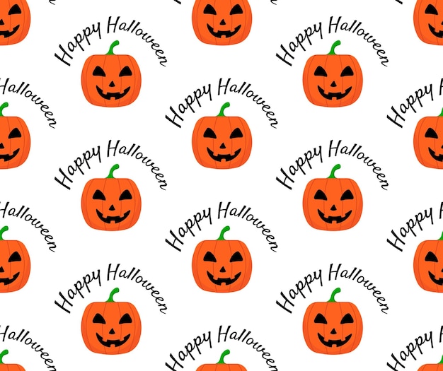 Seamless pattern with smiling pumpkin lantern and happy halloween lettering Vector illustration