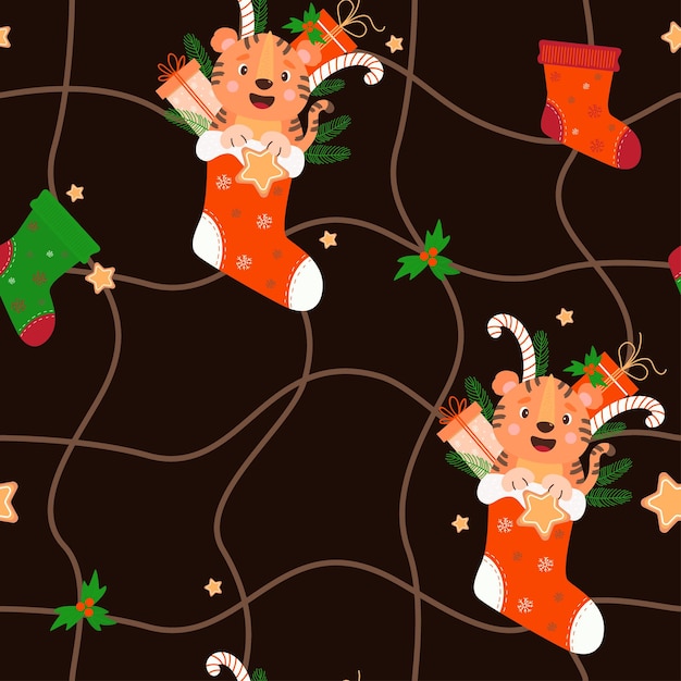 Seamless pattern with smiling  tiger and Christmas boot with gift striped caramel gingerbread