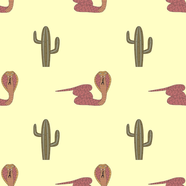 Seamless pattern with snakes and cacti Handdrawn flat vector illustration