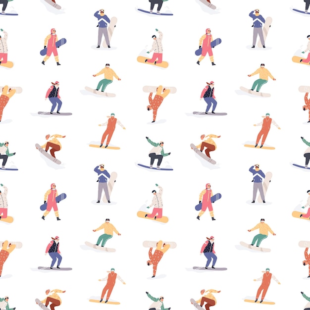 Seamless pattern with snowboarders on white background. Happy people riding snowboards in winter. Endless repeatable design with characters on snow boards. Flat vector illustration for printing.