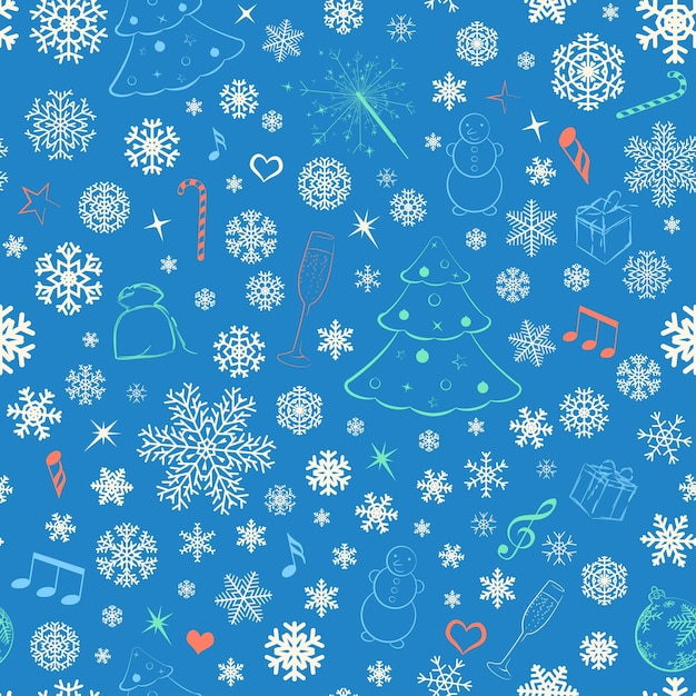 Seamless pattern with snowflakes and Christmas symbols multicolored on blue