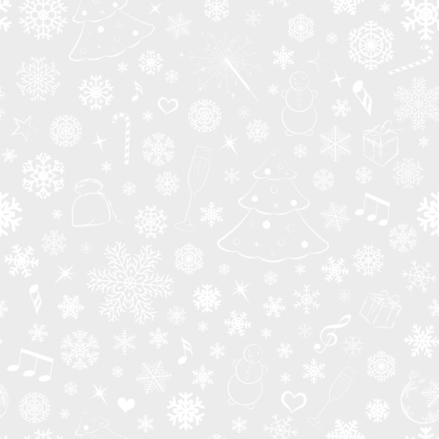 Seamless pattern with snowflakes and Christmas symbols white on gray