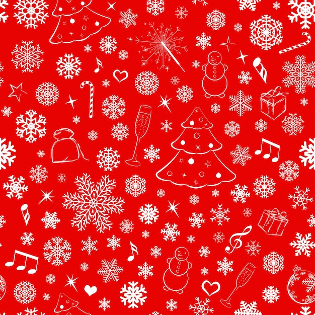 Seamless pattern with snowflakes and Christmas symbols white on red