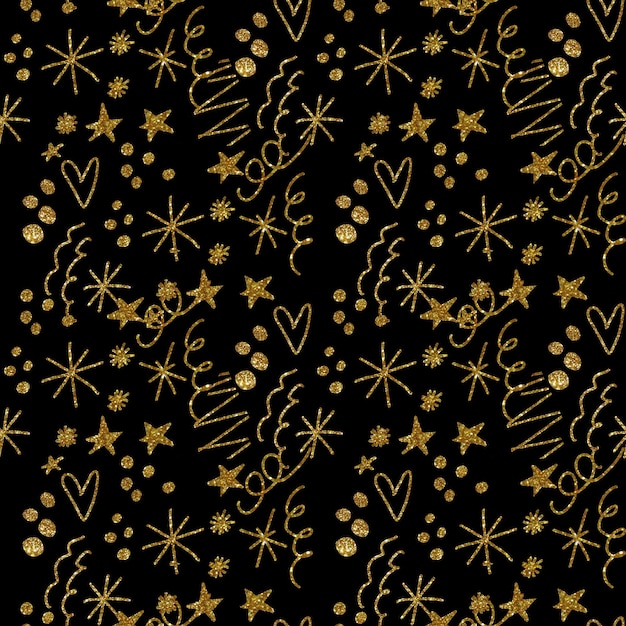 Seamless pattern with snowflakes stars hearts confetti  illust in gold texture on a black background