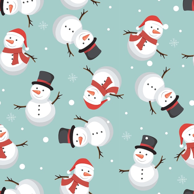 Seamless pattern with snowmen and snowflakes on teal background