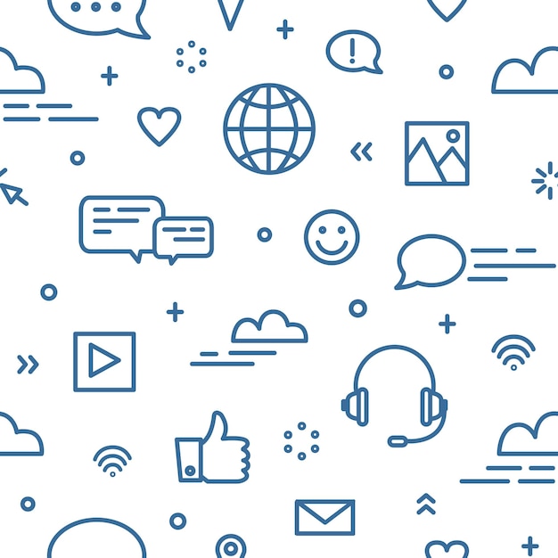 Seamless pattern with social media and networking, global internet communication, chatting and instant messaging symbols on white background. Vector illustration in line art style for wallpaper