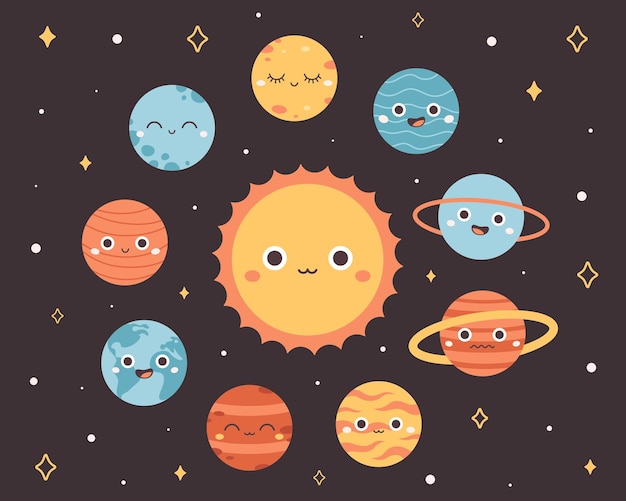 Seamless pattern with Solar System and space Cartoon planet characters