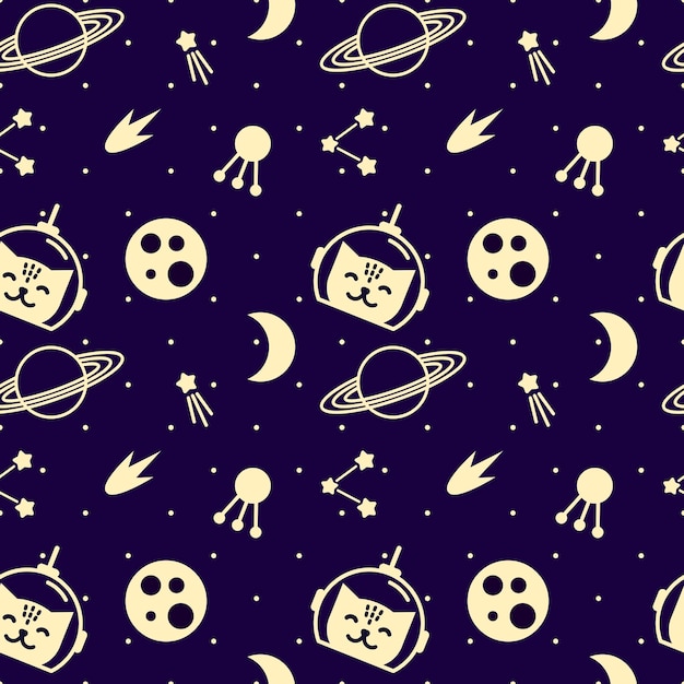 Seamless pattern with space elements and cats