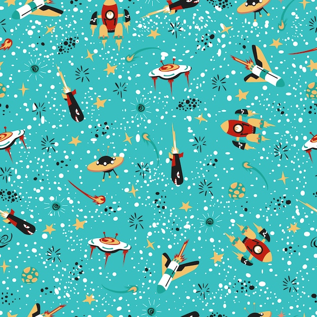 Seamless pattern with spaceships and stars