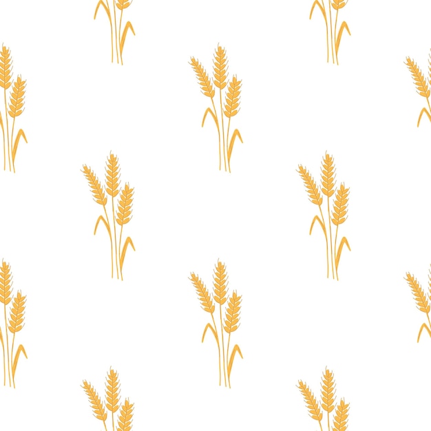 Seamless pattern with spikelets and grains of wheat on white background Vector cartoon flat illustration for backery packaging flour production agriculture harvest design