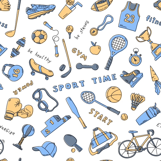 Seamless pattern with sport elements and lettering. Funny doodle hand drawn texture for fabric, wrapping, textile. flat illustration.