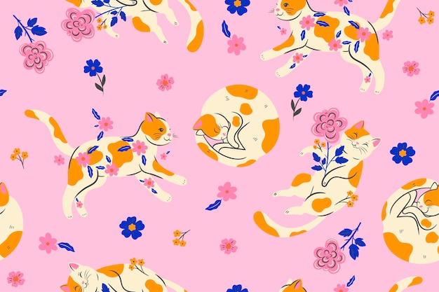 Seamless pattern with spotted cats and flowers Vector graphics