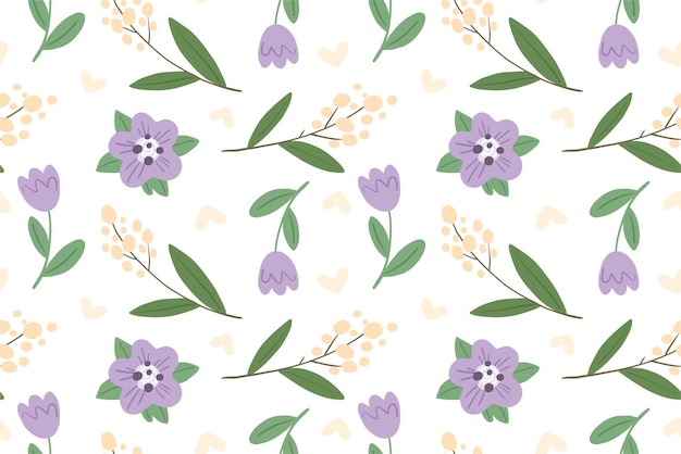 Seamless pattern with spring flowers and hearts vector illustration great for collages wrapping