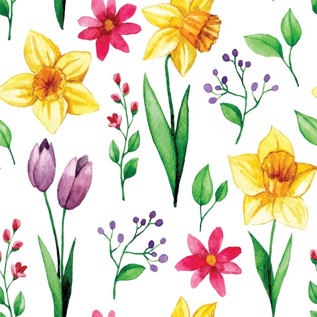 seamless pattern with spring flowers watercolor print of daffodils tulips cosmos leaves and bran