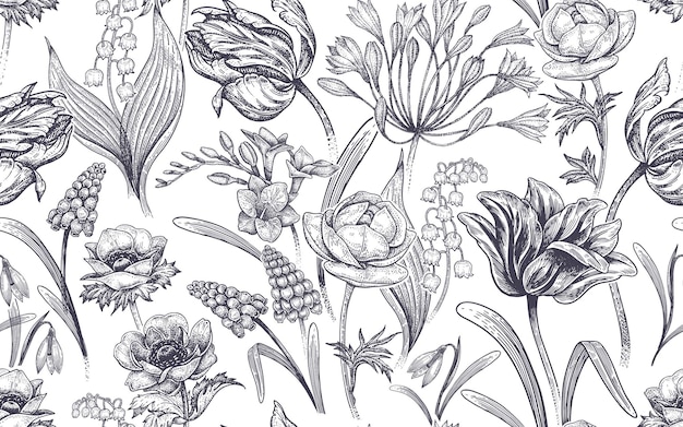 Seamless pattern with spring flowers