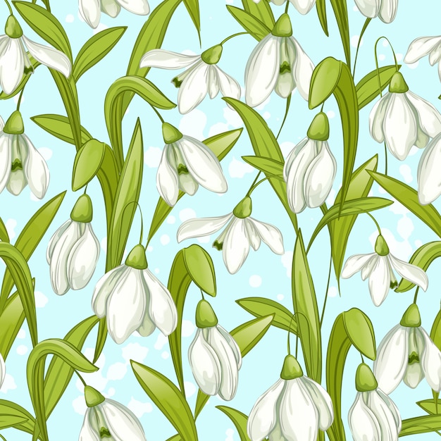 Seamless  pattern with spring snowdrops on a blue background.