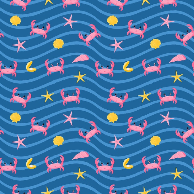 Seamless pattern with starfish crabs shells and pearls Cute characters and elements For summer beach textiles and accessories Vector illustration in a flat cartoon style on dark blue with waves