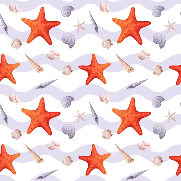 Seamless pattern with starfish and seashells with a wavy pattern Cute children s pattern for paper