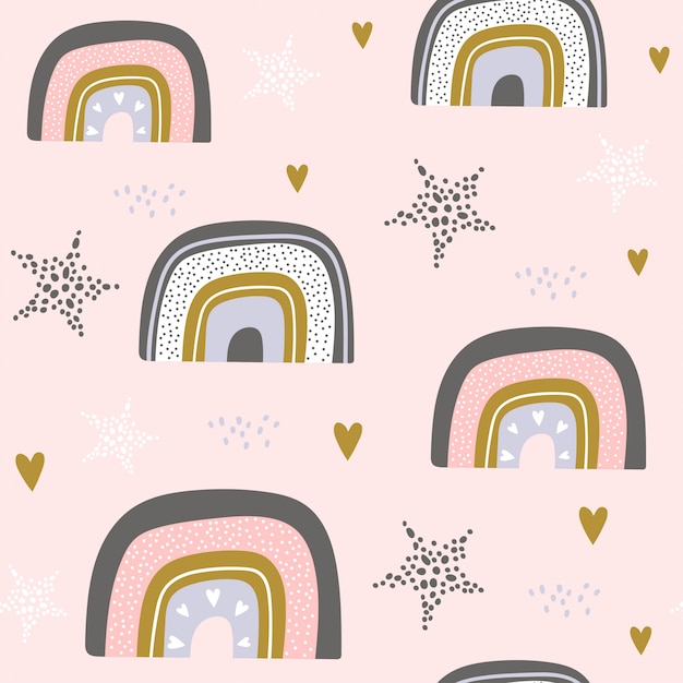 Seamless pattern with stars and rainbow in the sky.