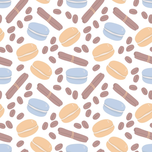 Seamless pattern with a stick of cinnamon coffee beans and macaroons