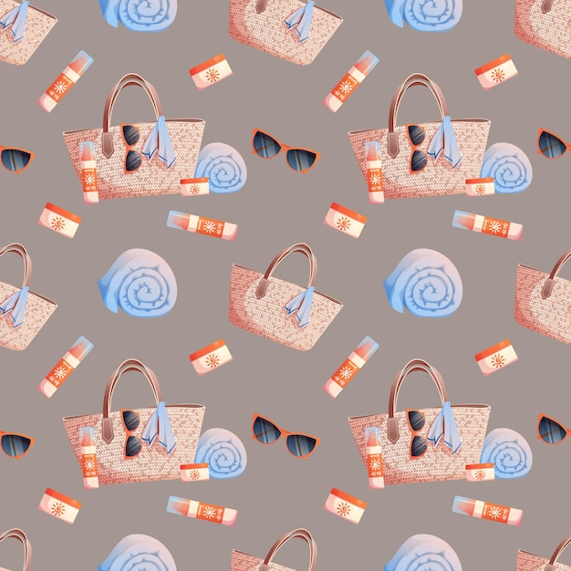 Seamless pattern with straw bag glasses towel sunscreen Seamless texture summer beach ornament