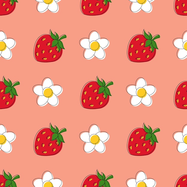 Seamless pattern with strawberries and daisies on delicate pink peach background