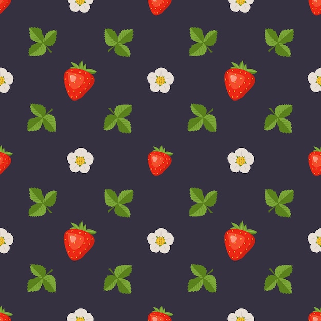 Seamless pattern with strawberries flowers and leaves cute summer