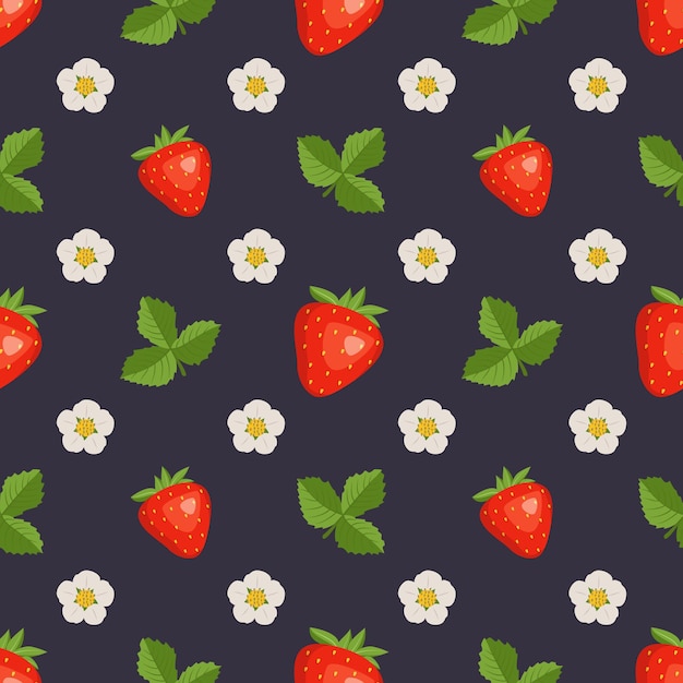 Seamless pattern with strawberries flowers and leaves cute summer