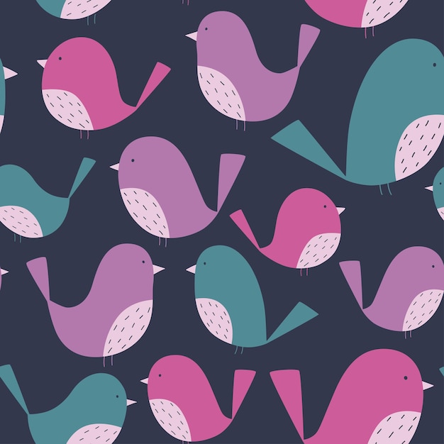 Seamless pattern with stylized birds on dark background. Vector hand-drawn repeat background