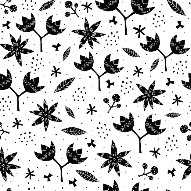 Seamless pattern with stylized flowers, twigs, decor elements