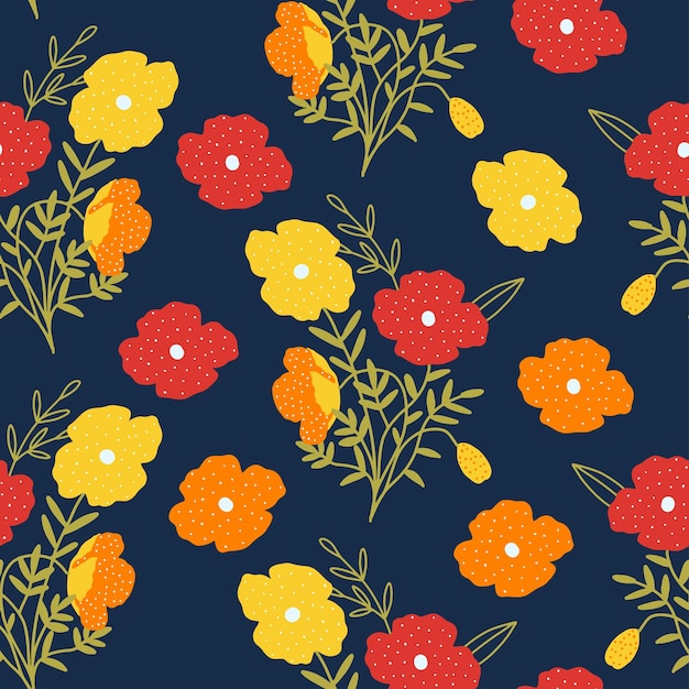 Seamless pattern with stylized hand drawn boho flowers in scandinavian style Trendy cute flower