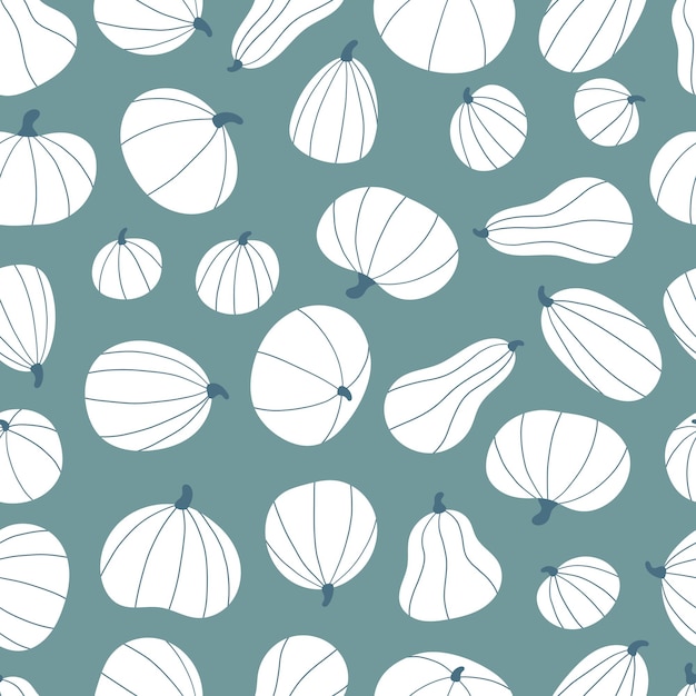 Seamless pattern with stylized white pumpkins on green background