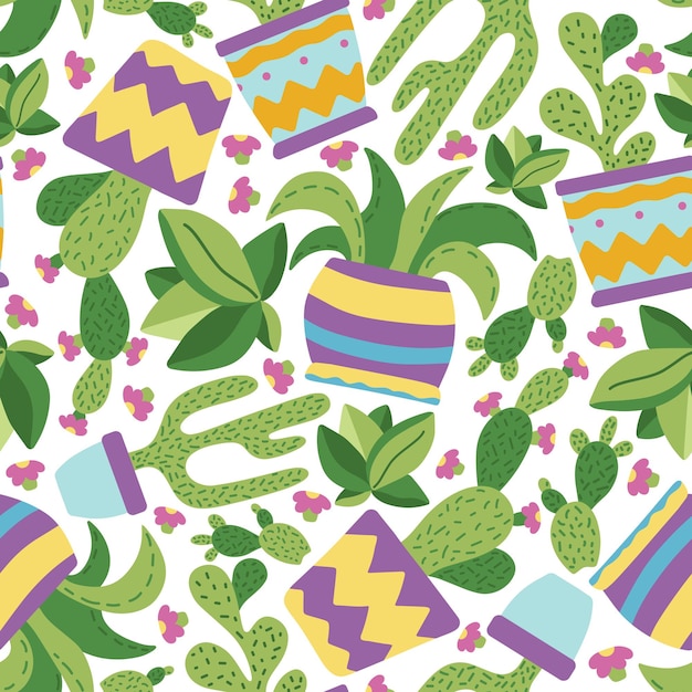 Seamless pattern with succulents and cactus in colourful pots pattern in doodle hand drawn style