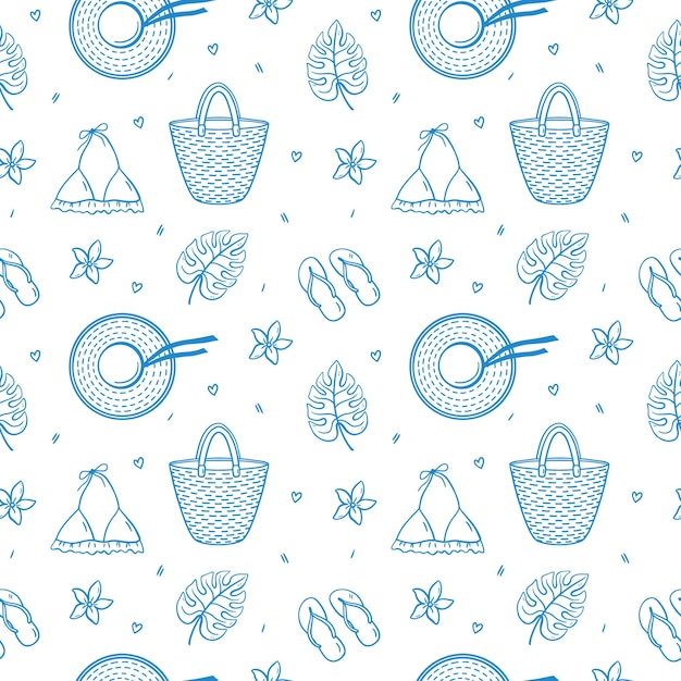 Seamless pattern with summer holiday elements  beach straw bag hat flip flops swimsuit