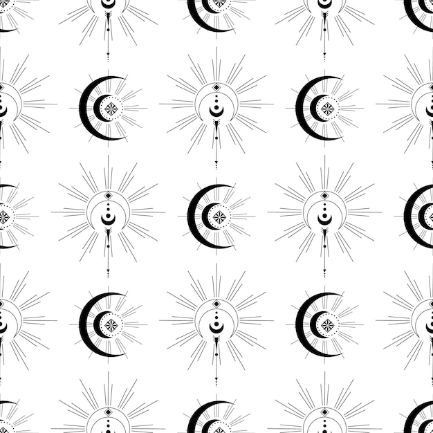 Seamless pattern with sun, stars, moon, constellation, eye. Mystical and esoteric pattern.