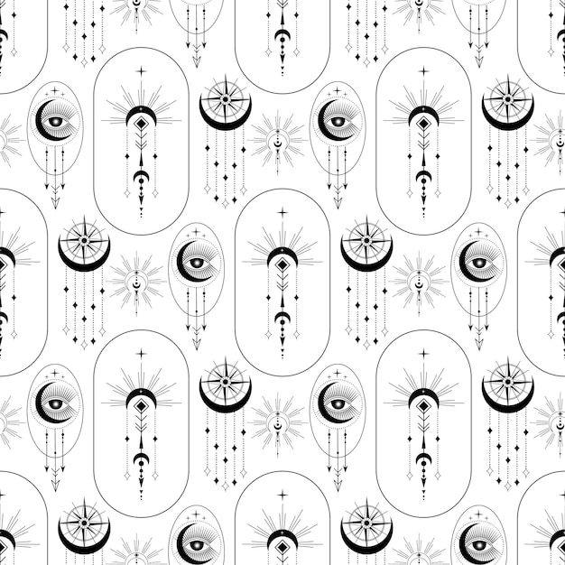 Seamless pattern with sun, stars, moon, constellation, eye. Mystical and esoteric pattern.