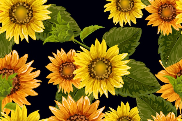 Seamless pattern with sunflowers on black background. 