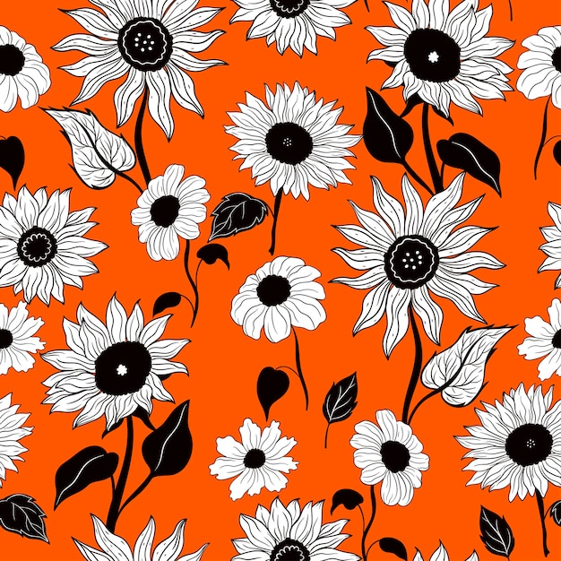 Seamless pattern with sunflowers on an orange background Vector graphics