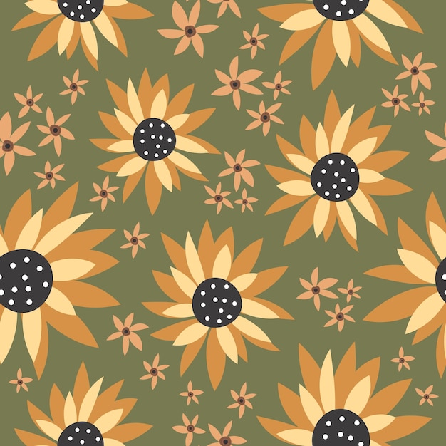 Seamless pattern with sunflowers Retro pattern in the style of the 70s Cute flowers in a flat styl