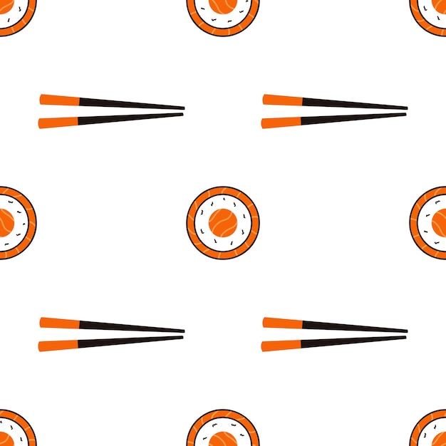 Seamless pattern with sushi and chopsticks Hand drawn vector background with traditional Japanese cuisine